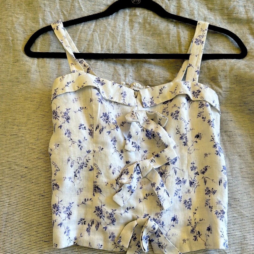 Reformation Floral Blue and White Crop Top